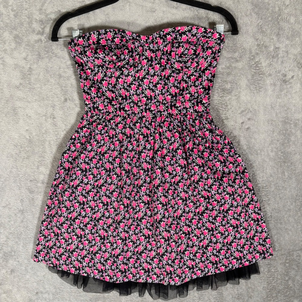 Black Poppy Strapless Floral Mini Dress Pink Purple Tulle Hem Smocked Back S Y2K